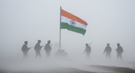 Silhouetted soldiers raising Indian flag in foggy landscape with patriotic theme