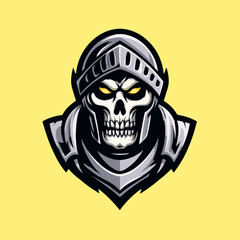 Fototapeta premium Stylized esports logo featuring a skull in armor on a vibrant yellow background ideal for gaming teams and competitions