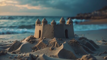 Sandcastle on the beach with ocean waves and cloudy sky in the background. Coastal landscape, seaside activity, and beach leisure concept.