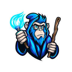 Energizing esports logo featuring a fierce blue ape holding a glowing torch and a wooden staff, representing strength and strategy