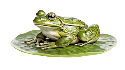 Green frog sitting leaf close up detailed natural habitat amphibian wildlife animal nature fresh vibrant outdoor pond wet skin