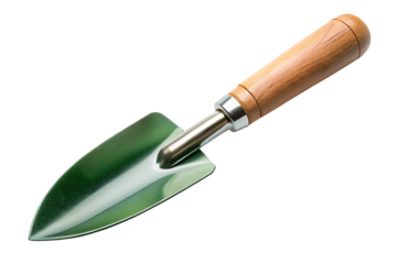 Green gardening trowel wooden handle isolated on white background png ai generated isolated on a white background