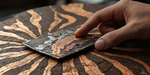 Customer Journey Mokume User experience data transformed into Japanese mixed-metal technique where layered copper and silver alloy creates flowing patterns