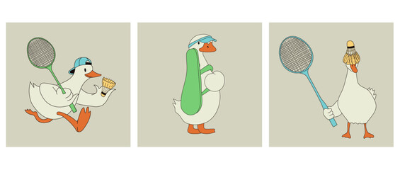Set of three Cartoon Duck Playing Badminton with Racket and Shuttlecock