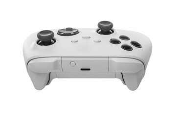 White gaming controller with a symmetrical design, featuring black analog sticks, directional pad,...