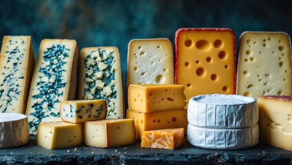 A variety of cheeses arranged on a surface.