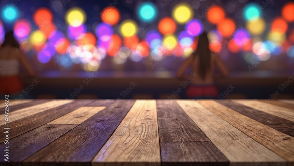 Canvas Prints image showcasing a wood table against a bokeh background of colorful lights