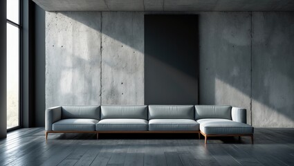 Rendering of an expansive, modern open-plan space with a concrete wall, a comfortable sofa, and vacant area on a solid black wall.