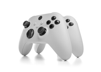 Modern white gaming controller with black buttons and joysticks, designed for ergonomic and responsive gameplay in console or PC gaming environments.