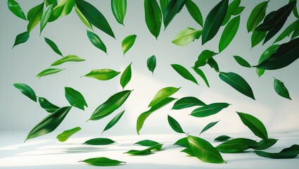 Obraz premium Falling green tropical leaves set on a background.