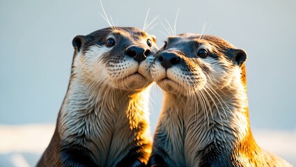 A pair of cheerful otters cuddle in a touching expression of love. Their smooth, dark fur contrasts elegantly with the bright white backdrop.