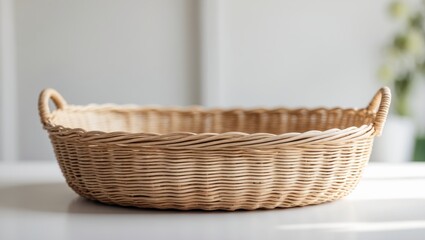 Fototapeta premium Round light brown woven basket, isolated on a white surface