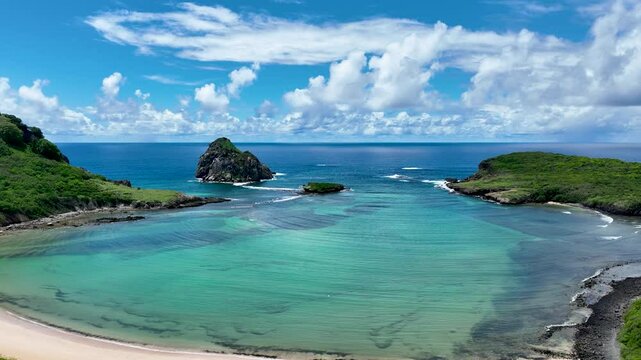 Sueste Bay In Fernando De Noronha Rio Grande Do Norte Brazil. Aerial View Of Stunning Beach With Crystal Clear Waters. Shore Clouds Sky Beach Sea.