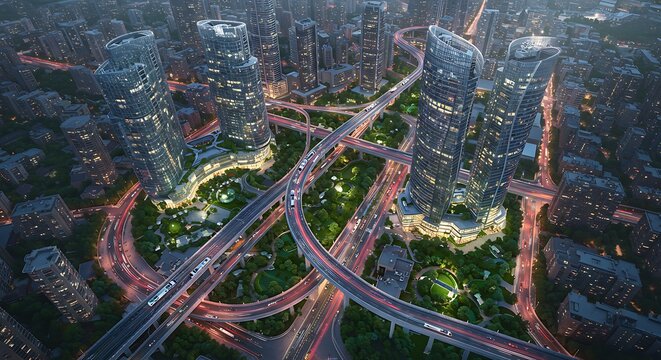 Aerial view of futuristic city highway system	