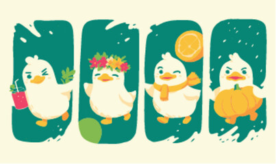 Naklejka premium Whimsical Cartoon Ducks in Seasonal Themes with Playful Expressions