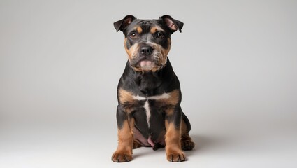 Obraz premium A cute puppy with black and brown fur sitting on a plain white background.