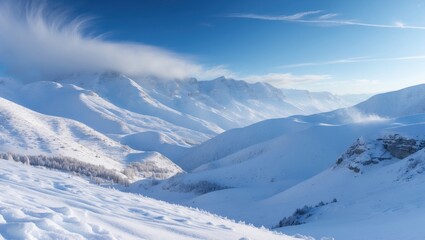 Fototapeta premium Gorgeous panorama of frosty hills and mountains in unblemished white