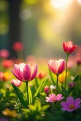 Obraz premium Vibrant spring flowers blooming in a lush garden, bathed in the warm sunlight of a beautiful springtime day Perfect for calendars, websites, and spring-themed projects , landscape, purple