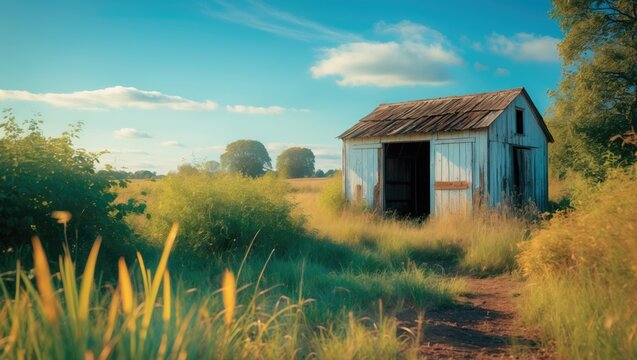 An idyllic rural vista showcasing a worn barn encircled by lush grass and foliage. The vibrant blue sky and sunshine elevate the tranquil, charming essence of this secluded locale.