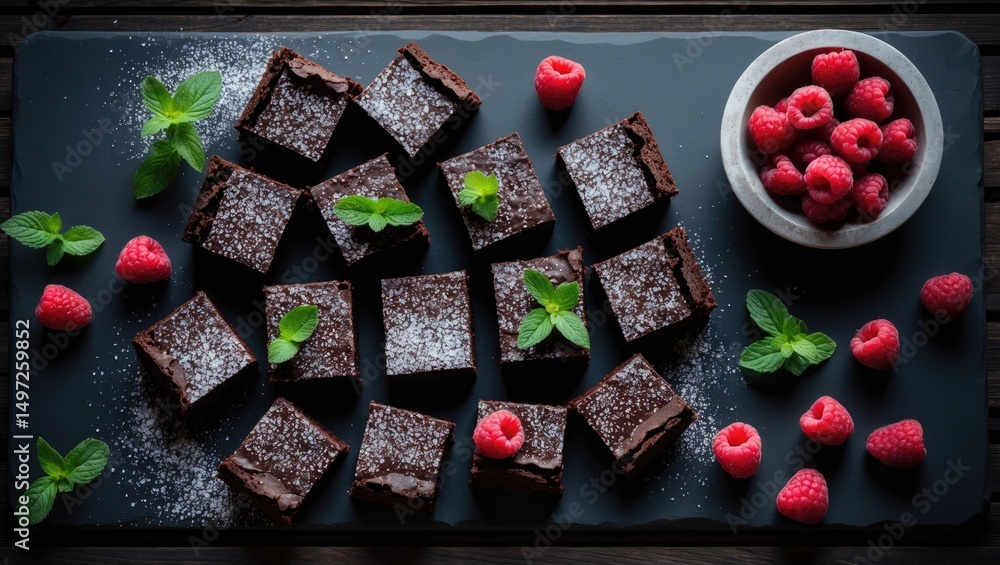 Poster top view of dark chocolate and raspberry brownie squares on a black stone surface, background with c