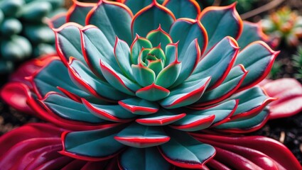 Fototapeta premium A close-up of a succulent plant with thick, fleshy leaves outlined in red, displaying a rosette pattern.