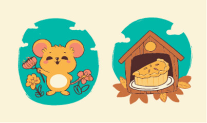 Naklejka premium Cute Cartoon Mouse with Flowers and Pie in Rustic Setting Design