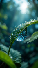 Macro shot of dewdrop reflecting the sky with sunlight shimmer, framed in cool blue and green tones with shaded forest hues