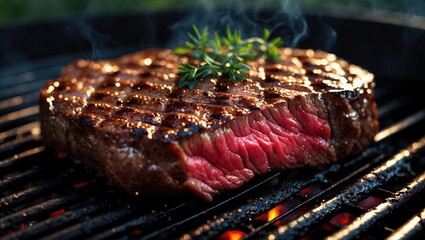 Grilled steak with herbs on a barbecue grill.