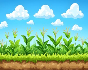 Fototapeta premium Vibrant Green Cornfield Landscape under Sunny Sky