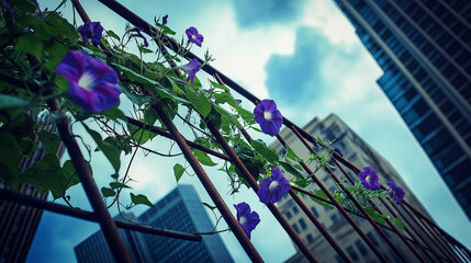 Low-angle view of rusty metal trellis with climbing morning glories on skyscraper balcony, stormy skyline, deep blues and purples, dramatic textures for luxury real estate and eco branding.
