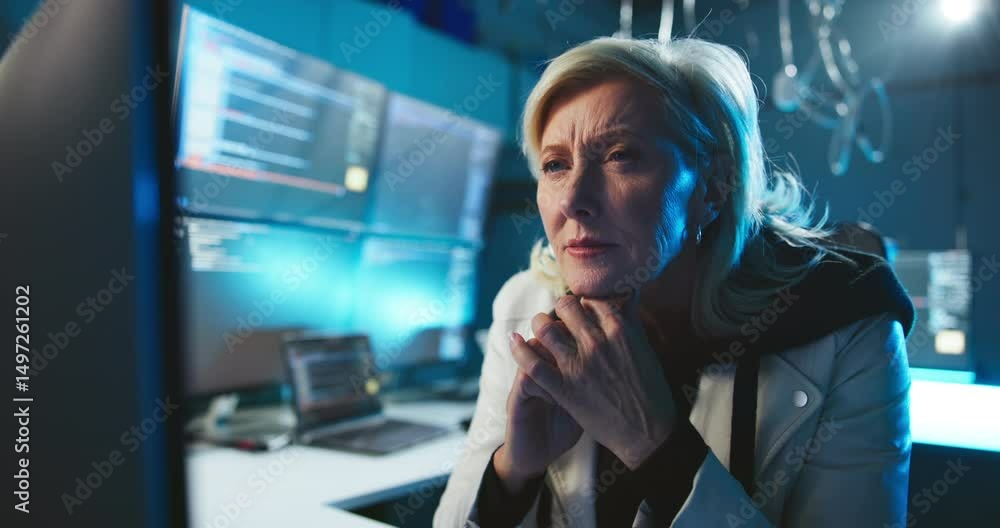 Fototapete Thinking, reading and woman in cybersecurity with computer for network traffic, system update and overtime. CISO, night and mature person in office for software installation and data breach solution