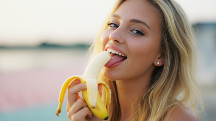 Young woman with blonde hair, playfully holding a banana to her mouth like a phone, smiling outdoors. Fun, playful mood, healthy fruit, summer vibes, and lighthearted humor.