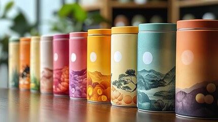 Elegant assortment of colorful canisters, each presenting artistic imagery