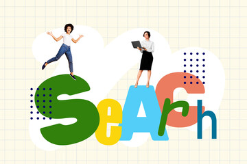 Image pop banner 3d photo collage of happy businessman businesswoman stand search vacancy letters human resources success