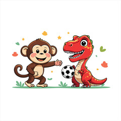 Cute Monkey and Dinosaur Playing Soccer Cartoon Illustration
