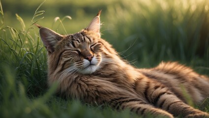 Fototapeta premium Resting wild cat in the grass. Serene concept.