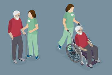 Elderly people support. Senior man with walking stick and wheelchair. Nurse helping him. 3d isometric flat illustration.