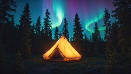 Bright tent erected under the open night sky