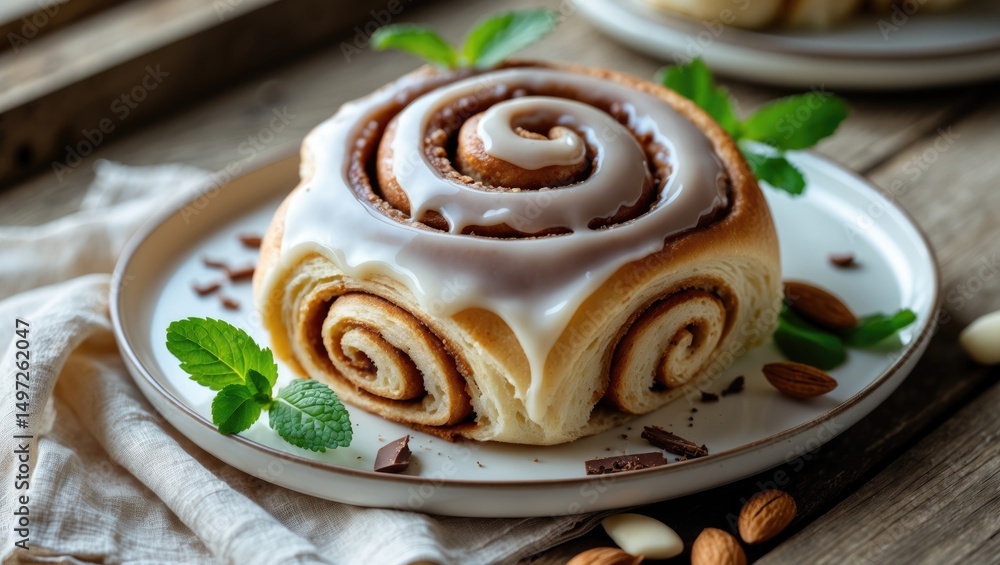 Poster table view of cinnamon rolls adorned with almonds. horizontal layout