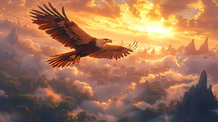 An eagle soars across a dreamy, sun-kissed skyscape of clouds, mountains, and distant forest. Majestic view