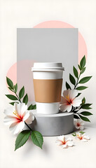 Stylish coffee cup with floral arrangement and artistic background in soft pastel colors