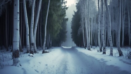 Footpath lined by trees in a winter alley