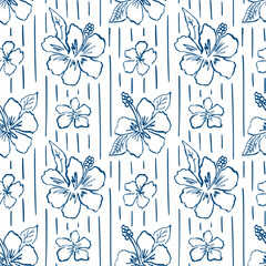 Fototapeta na wymiar Blue hibiscus flower and stripes tropical seamless pattern. Summer vacation floral background. Sketch drawing in ink, hand drawn Hawaii print, wallpaper, card, textile design, wrap paper. Vector.