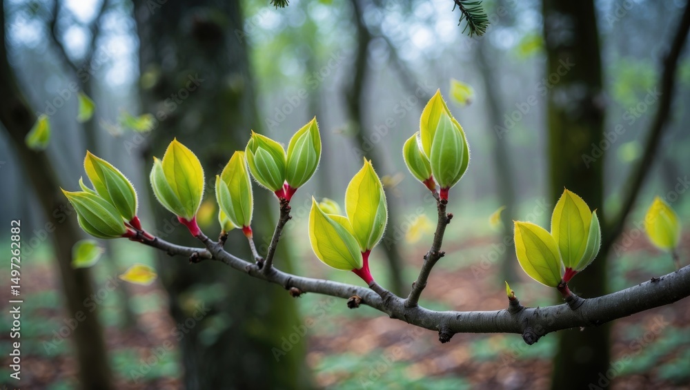 Poster branches of bushes and trees adorned with buds and initial leaves