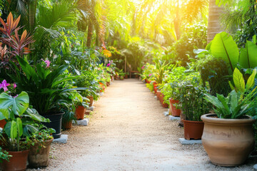 Serene garden pathway surrounded by lush tropical plants bathed in sunlight