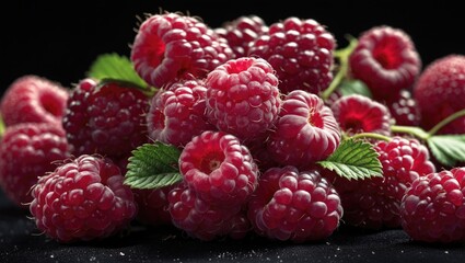 Fresh red raspberries with green leaves on a dark background.