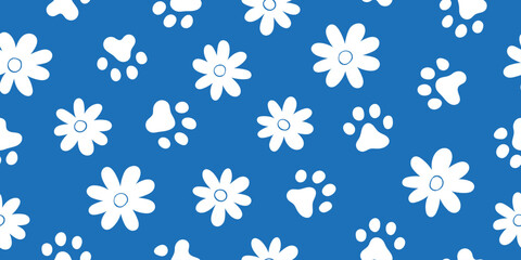 Dog paw footprint and flower seamless pattern in white and blue colors. Design for fabric, textile, wrapping, wallpaper, background.