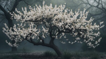 A flowering tree with white blossoms in a foggy landscape. Nature and spring season, tranquility, and peaceful scenery. The concept of serenity and natural beauty.
