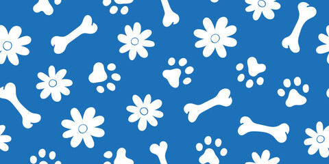 Dog paw footprint bone and flower seamless pattern in white and blue colors. Design for fabric, textile, wrapping, wallpaper, background.
