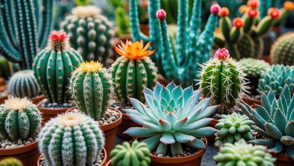 Fototapeta premium Collection of colorful cacti and succulents in pots with vibrant flowers and varied shapes. Desert plants, garden, and nature scene. Versatile for decor and plant enthusiasts.